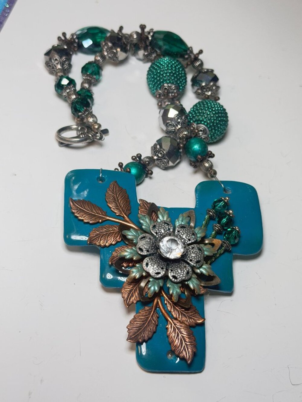 Handmade Ceramic Cross Pendant Necklace Teal Beaded Statement